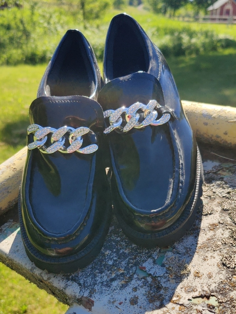 Women's Patent Black Loafers with Decorative Chain